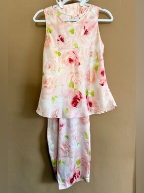 Top & Pant Set Spring Pink Floral Roses Silky Satin Feel Loungewear Date Night